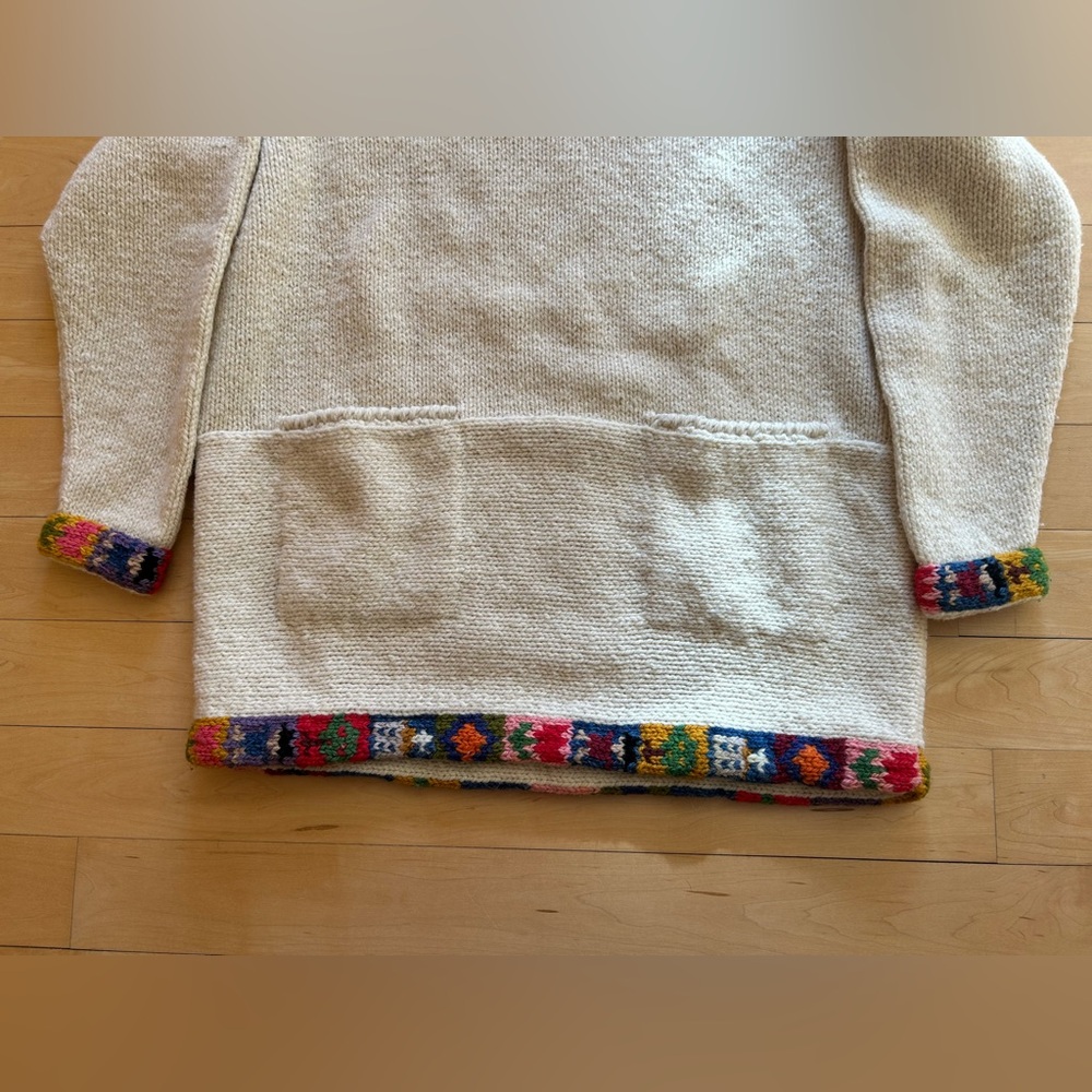 Amano 100% Wool Hand-Knit Funnel Neck Sweater Cream w/ Colorful Accents Size M/L - Picture 5 of 13